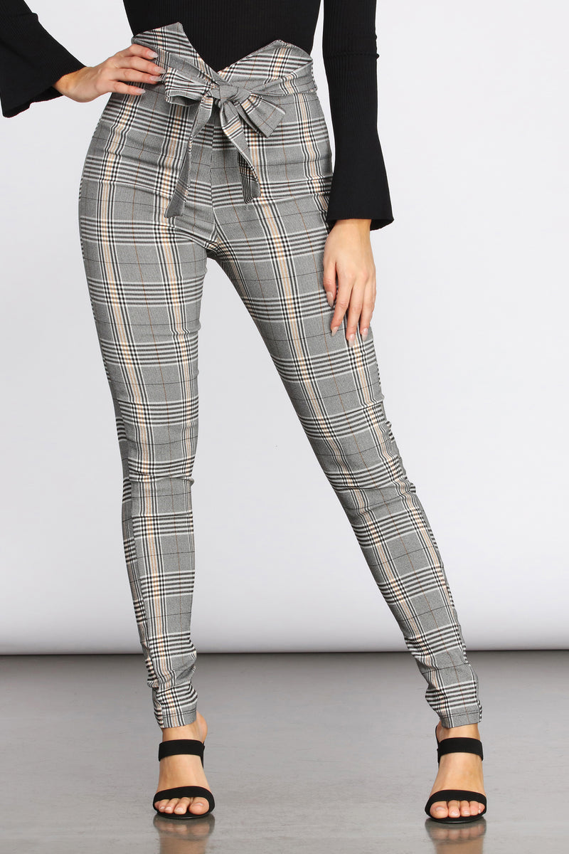 Express  High Waisted Plaid Sash Tie Ankle Pant in Black And White   Express Style Trial