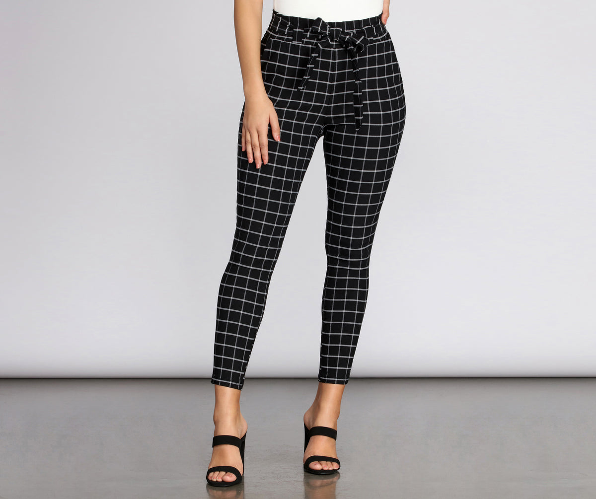 Plaid Paper Bag Tie Waist Skinny Pants & Windsor