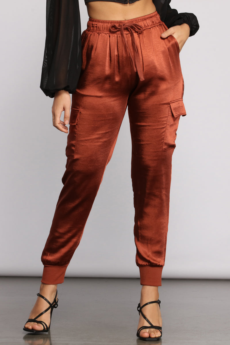 red satin cargo pants