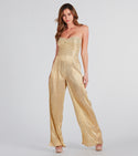 Tall Sophisticated Strapless Sweetheart Metallic Back Zipper Pleated Jumpsuit