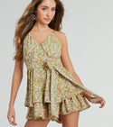 V-neck Floral Print Tie Waist Waistline Sleeveless Spaghetti Strap Spring Summer Knit Romper With a Bow(s) and Ruffles