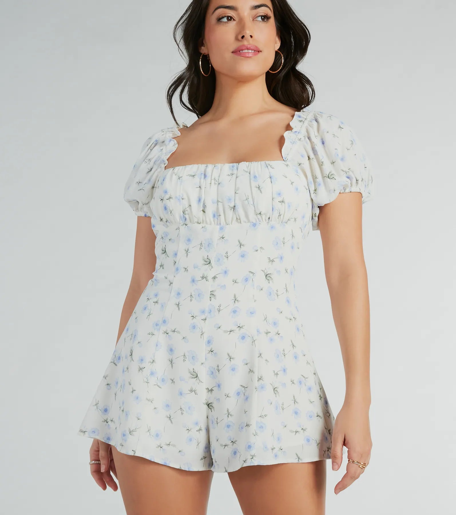 Square Neck Ruffle Trim Floral Print Back Zipper Puff Sleeves Short Sleeves Sleeves Spring Summer Lace Skater Dress/Romper/Midi Dress