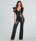 V-neck Open-Back Sleeveless Faux-Leather Ruffle Trim Jumpsuit