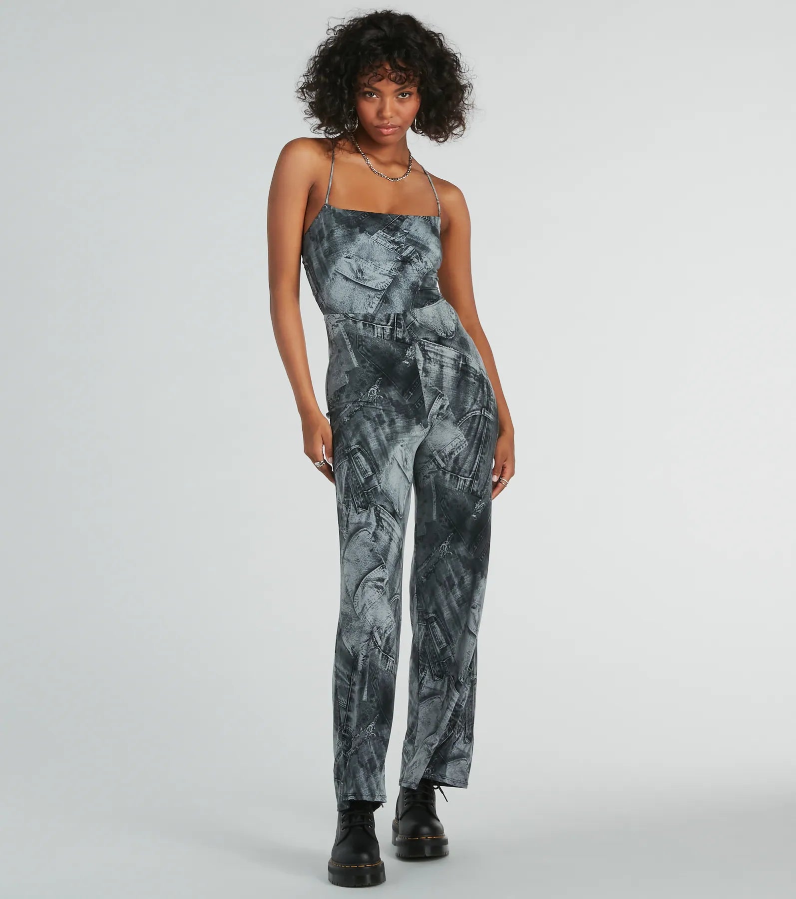 Got Em Tripping Lace-up Denim Print Jumpsuit