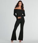 Knit Fitted Stretchy Ribbed Slit Long Sleeves Off the Shoulder Jumpsuit