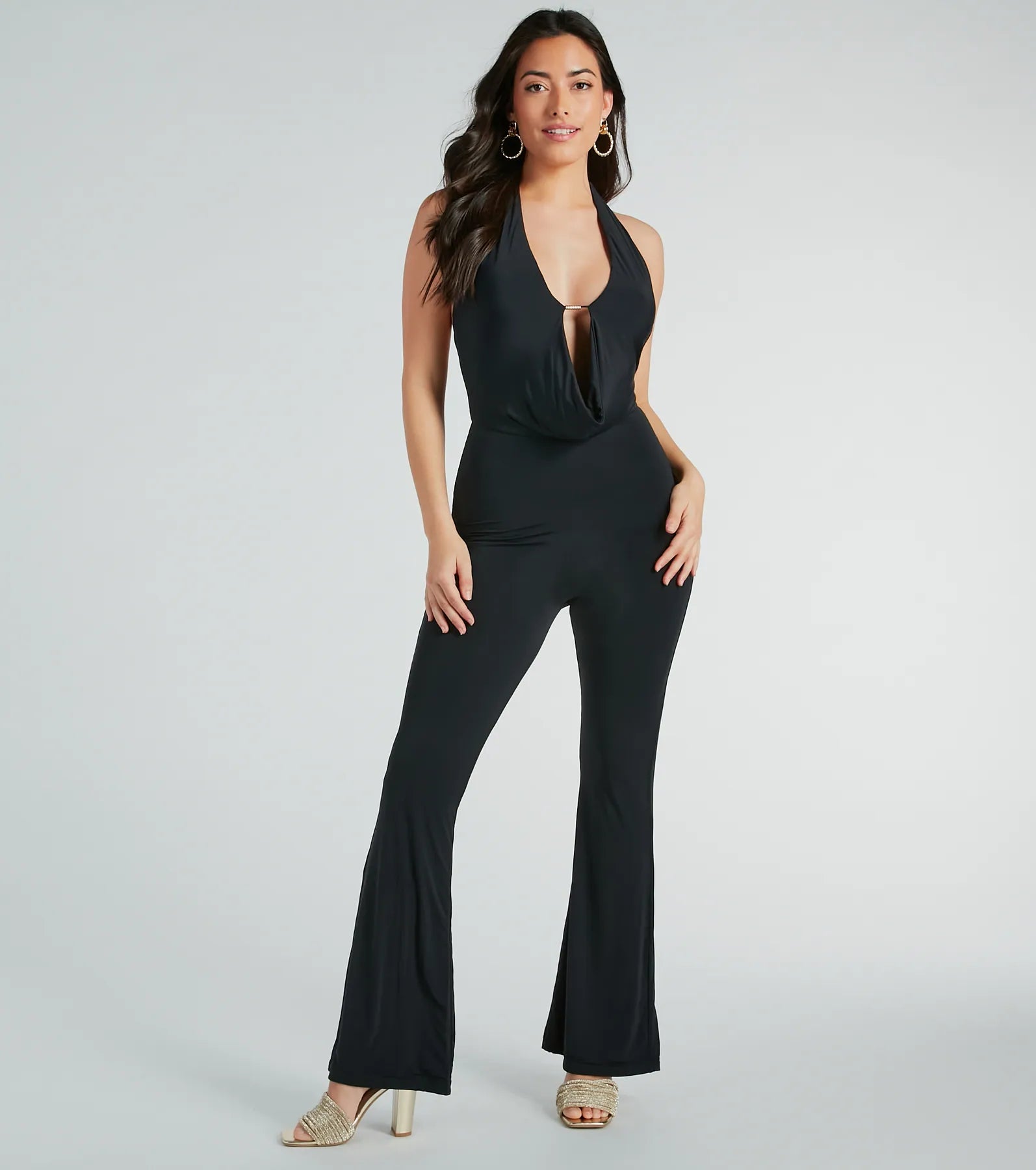 Halter Plunging Neck Knit Sleeveless Open-Back Jumpsuit