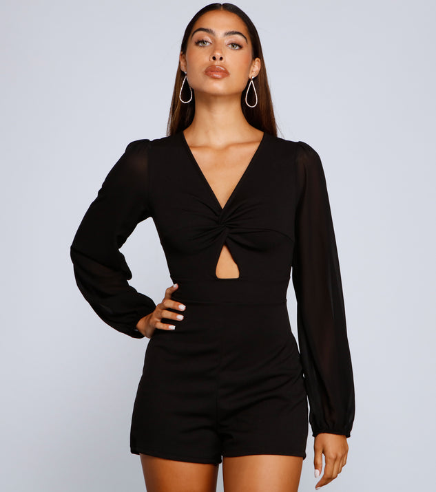 Downtown Chic Twist Front Romper will help you dress the part in stylish holiday party attire, an outfit for a New Year’s Eve party, & dressy or cocktail attire for any event.