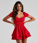 Short Knit Puff Sleeves Sleeves Off the Shoulder Fit-and-Flare Sweetheart Elasticized Waistline Ruched Fitted Flowy Romper