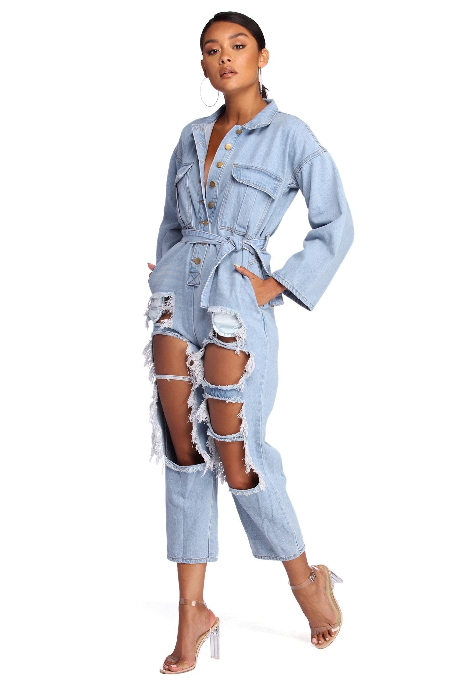 distressed denim jumpsuit