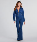 Denim Collared Fitted Pocketed Front Zipper Long Sleeves Jumpsuit