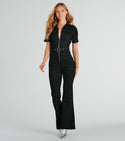 Short Sleeves Sleeves Collared Vintage Pocketed Front Zipper Belted Denim Jumpsuit