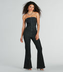 Strapless Denim Fitted Belted Vintage Pocketed Fit-and-Flare Jumpsuit