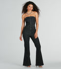 Strapless Fit-and-Flare Fitted Belted Pocketed Vintage Denim Jumpsuit