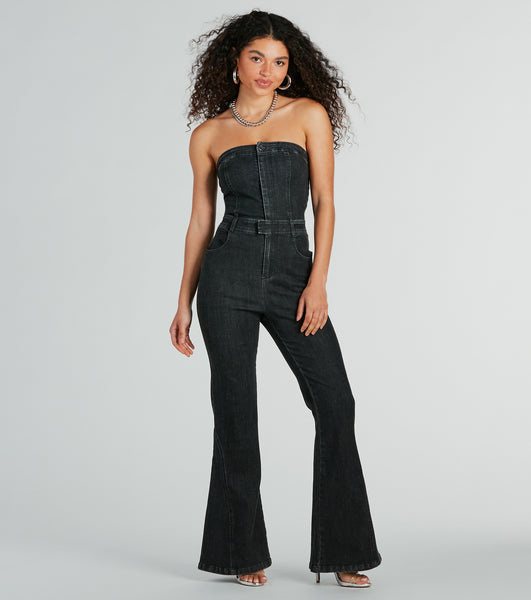 Strapless Belted Pocketed Vintage Fitted Denim Fit-and-Flare Jumpsuit