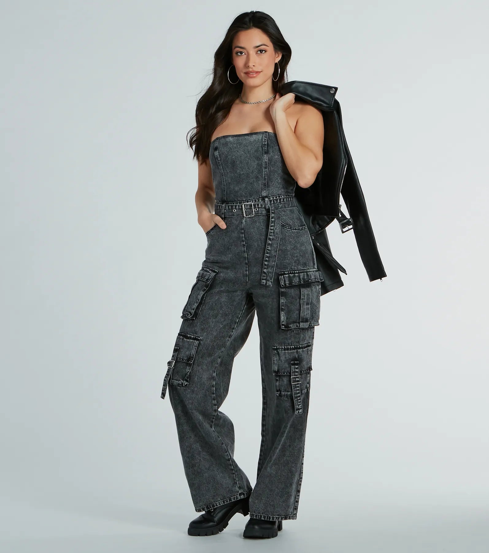 Strapless Belted Pocketed Back Zipper Fitted Denim Jumpsuit