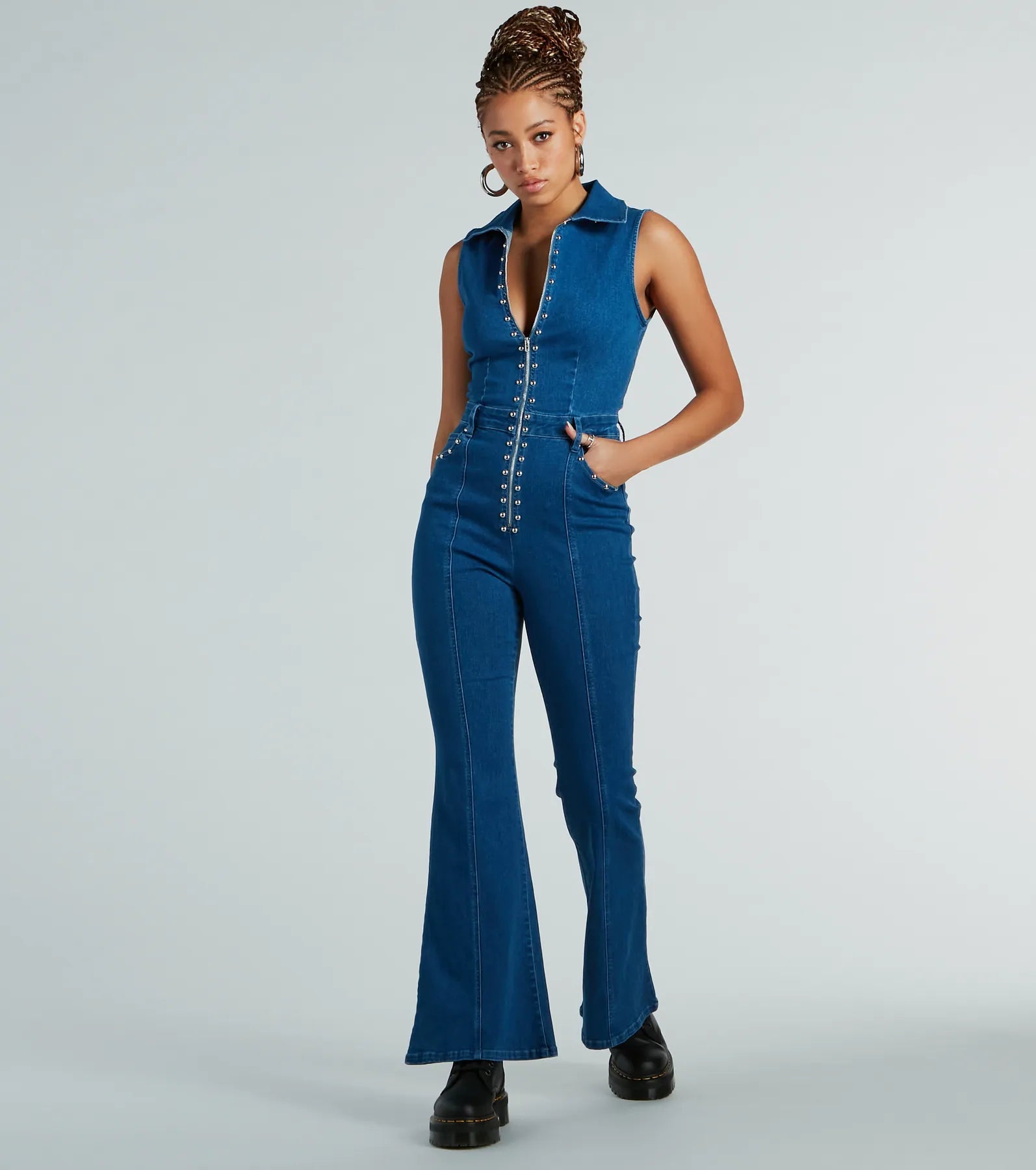 Retro Attitude Studded Flared leg Denim Jumpsuit