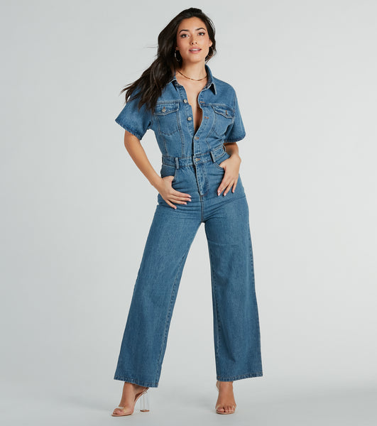 Collared Denim Short Sleeves Sleeves Button Front Vintage Pocketed Jumpsuit