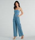 Smocked Square Neck Pocketed Fitted Belted Denim Sleeveless Spaghetti Strap Jumpsuit