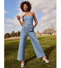 Smocked Square Neck Pocketed Belted Fitted Denim Sleeveless Spaghetti Strap Jumpsuit