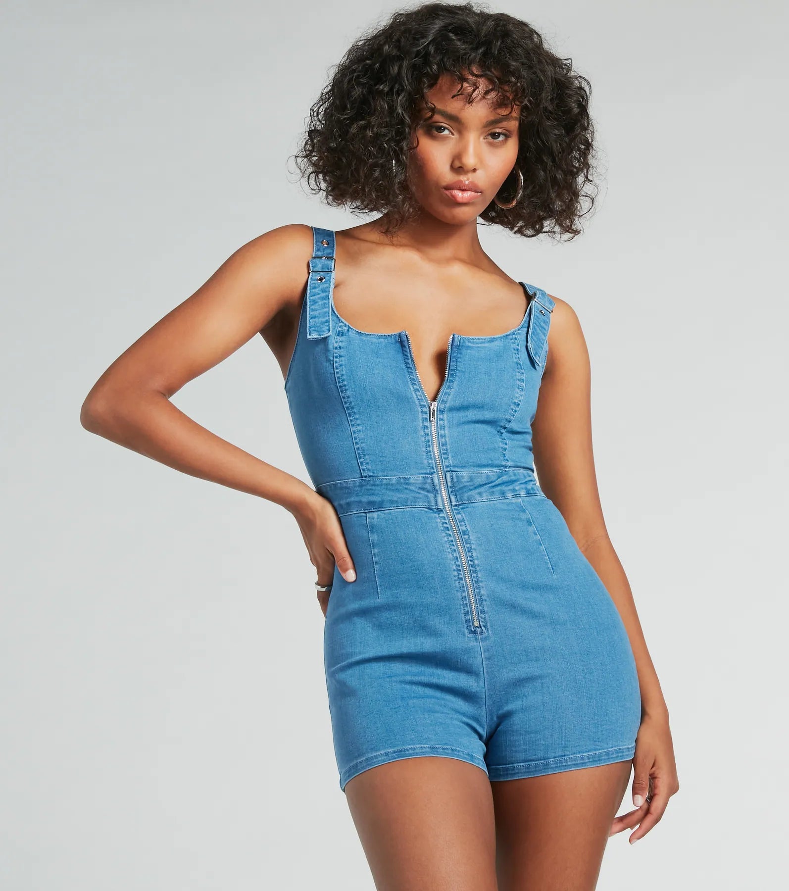 Sleeveless Belted Front Zipper Denim Spring Summer Scoop Neck Romper