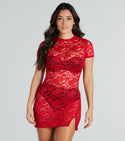 Short Lace Slit Sheer Fall Crew Neck Cap Sleeves Dress