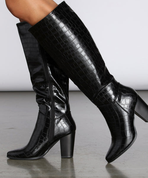 croc leather knee high boots
