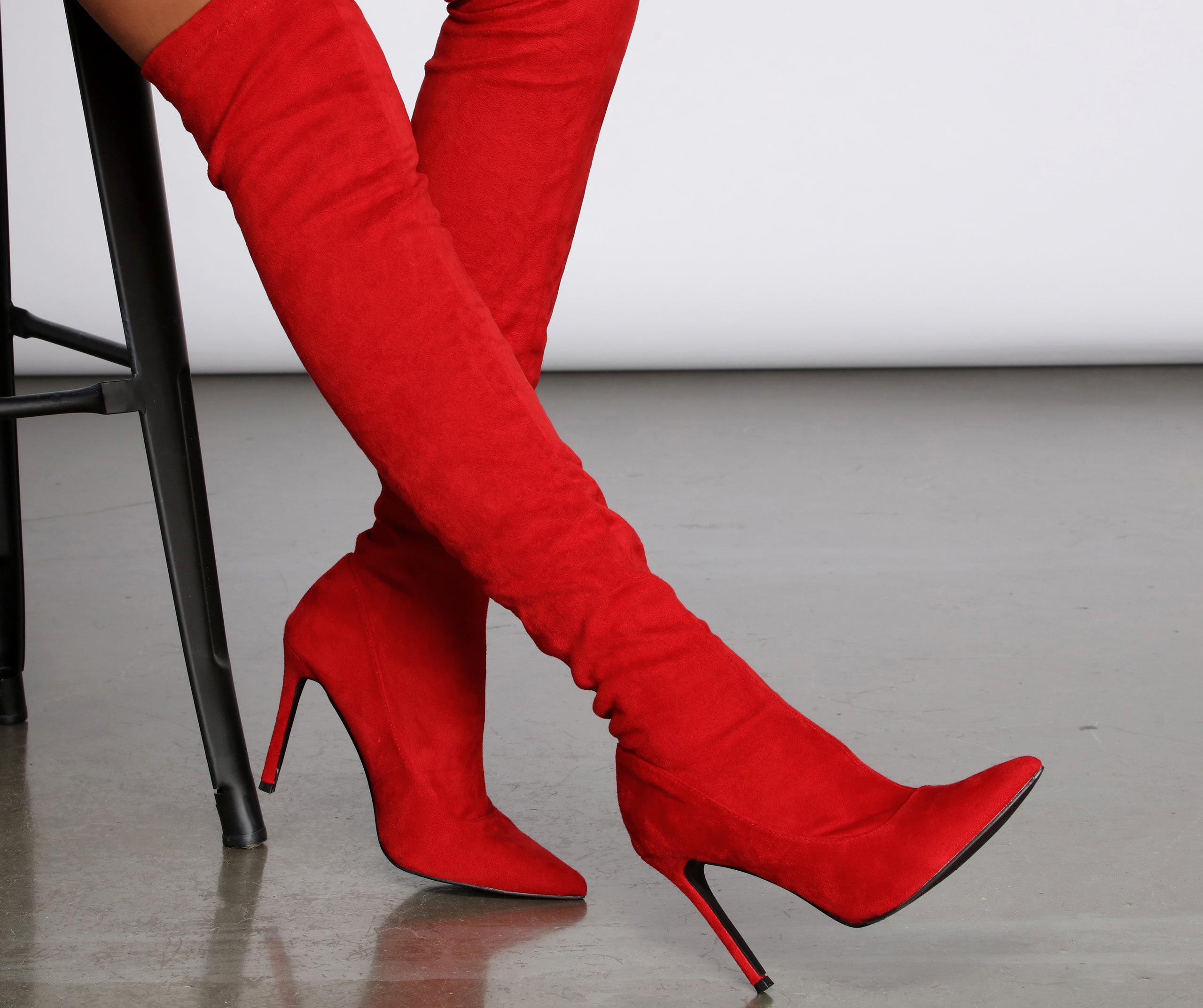 red thigh high boots with belt