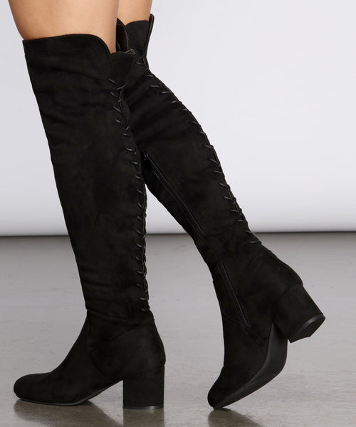 leather look thigh high boots