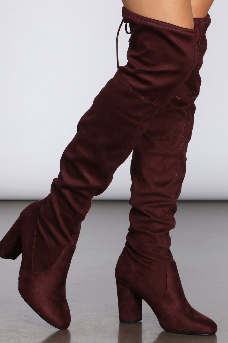 maroon thigh high boots outfit