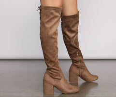 tie back over knee block heeled boots