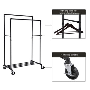 Budget songmics industrial pipe double rail wheels with commercial grade clothing hanging rack organizer for garment storage display black uhsr60b