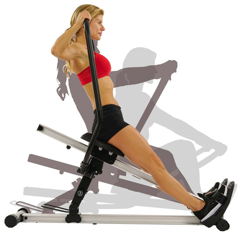 Sunny Health & Fitness Incline Full Motion Rowing Machine Rower w/ 350 lb Weight Capacity and LCD Monitor - Barbell Flex