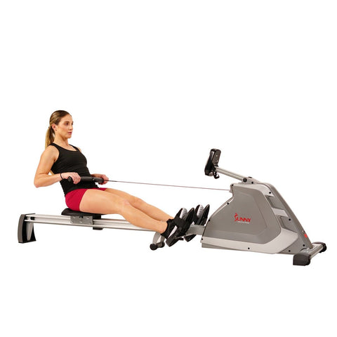 Sunny Health & Fitness Magnetic Rowing Machine Rower w/ High Weight Capacity, Programmable Monitor - Barbell Flex