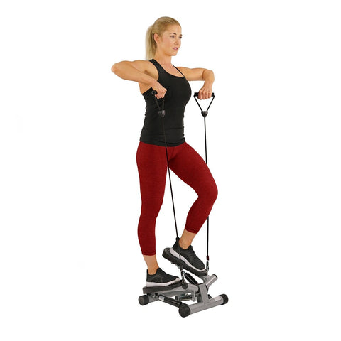 Sunny Health & Fitness Twisting Stair Stepper Step Machine w/ Resistance Bands and LCD Monitor - Barbell Flex