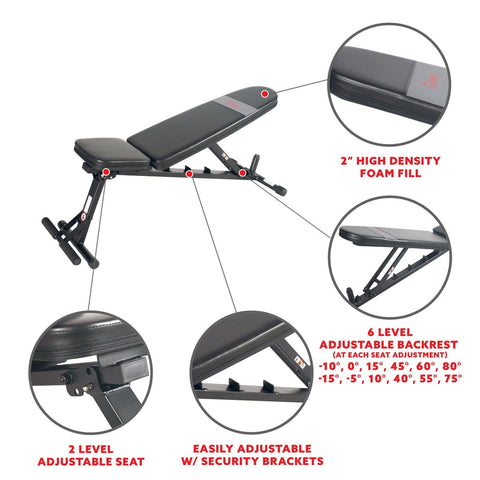 Sunny Health & Fitness Adjustable Utility Weight Bench - Barbell Flex