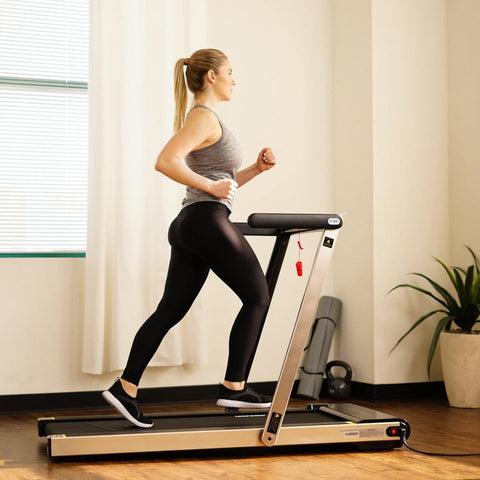 Sunny Health & Fitness Space Saving Treadmill, Motorized w/ Speakers for AUX Audio Connection - Barbell Flex