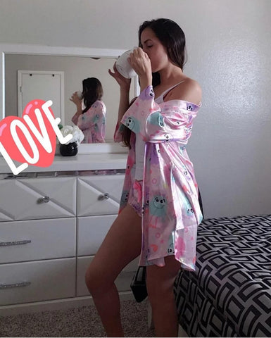 3-piece pink set satin robe and sexy shorts cute monsters theme classic white blouse Size S