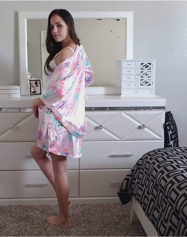 3-piece pink set satin robe and sexy shorts cute monsters theme classic white blouse Size S
