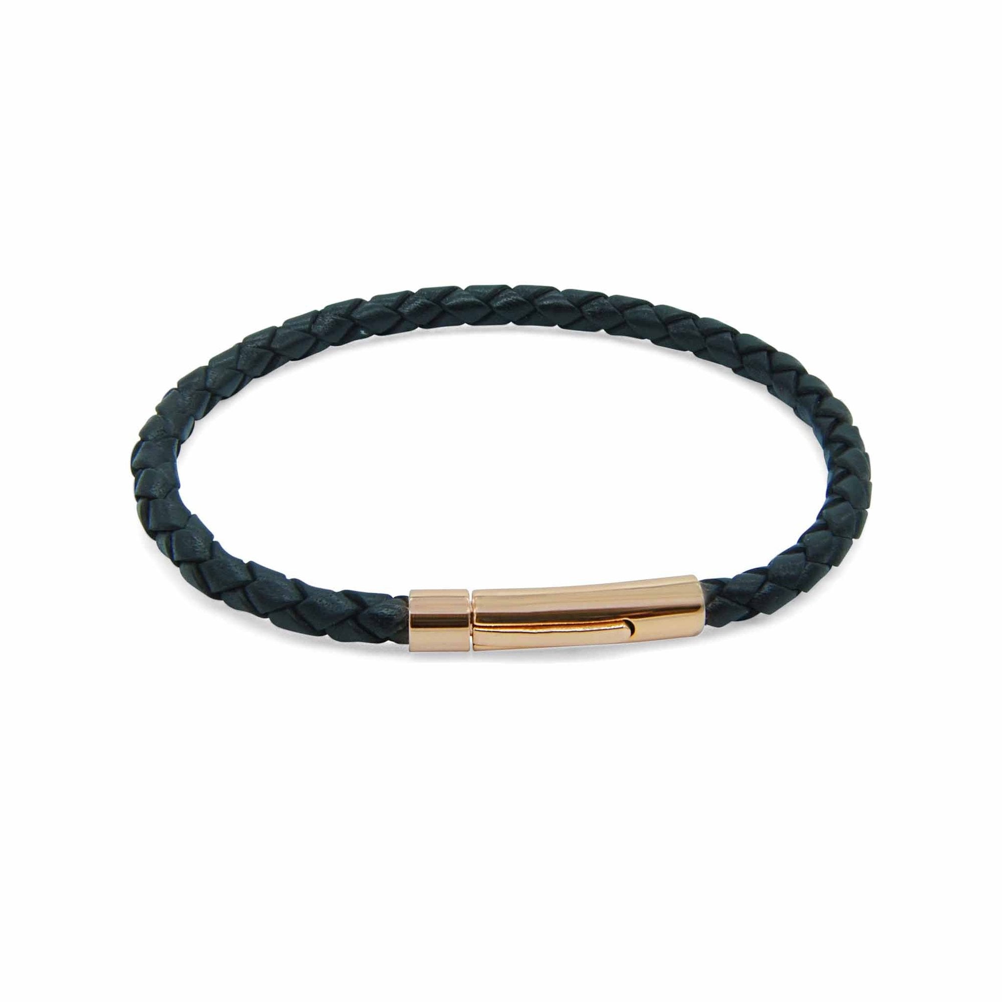 Superior Oxford black leather plaited rose gold clasp bracelet | ALPHA™ mens