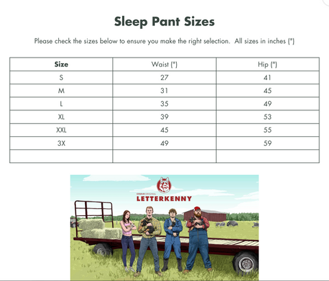 Sleep Pant Size Chart