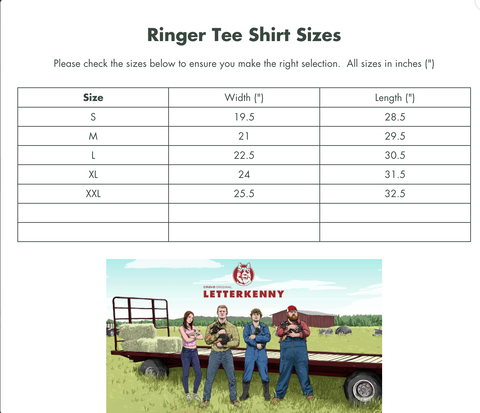 Ringer T-Shirt Size Chart