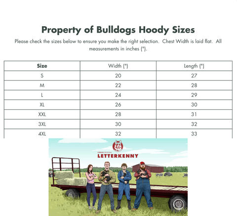 Property of Bulldogs Hoody Size chart