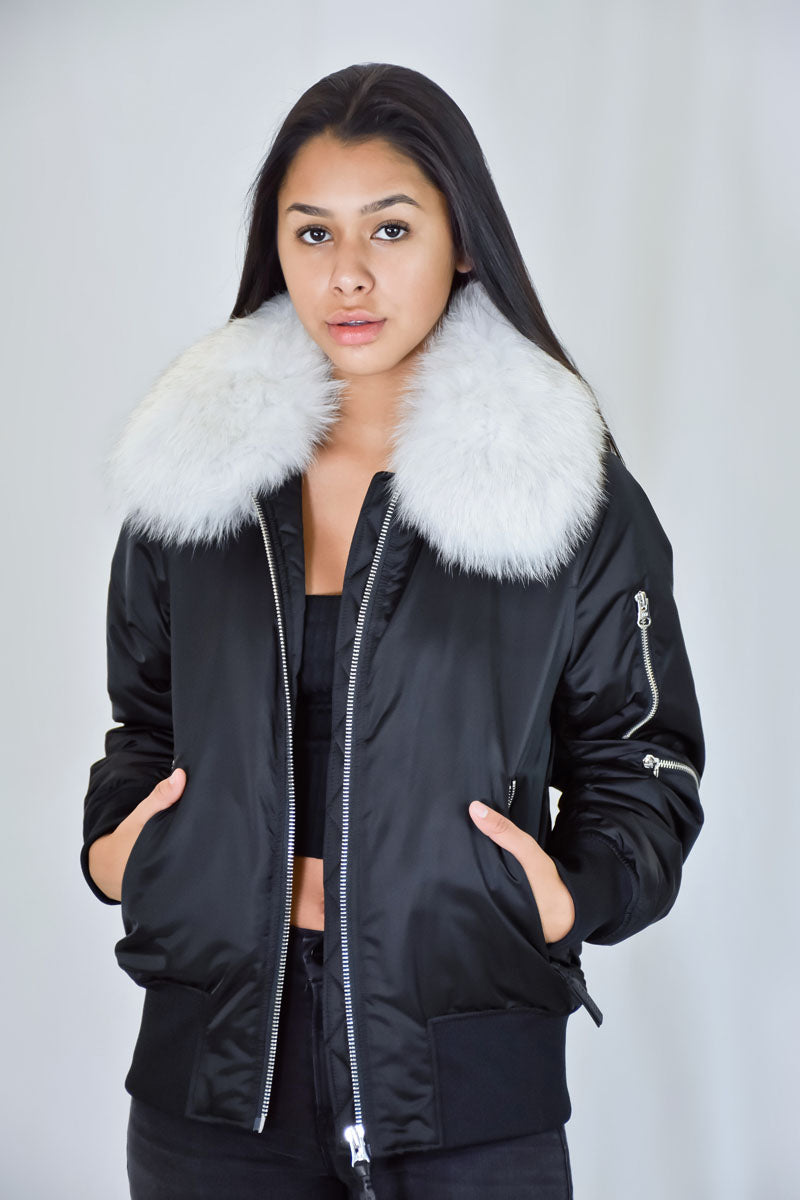 white bomber jacket with fur hood