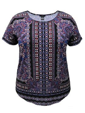 Blue Scarf-Print Short Sleeve Top