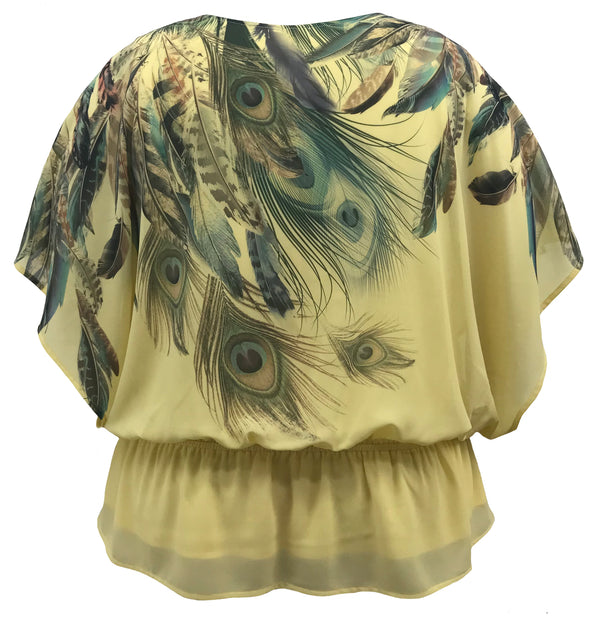 Women's Feather Printed Elastic Waist Chiffon Poncho Top