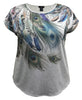 Women's Feather Print Crew-Neck Dolman Short Sleeve Top