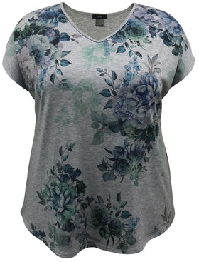 Teal Floral V-Neck Dolman Short Sleeve Print Top