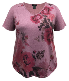 Mauve Floral V-Neck Short Sleeve Print Top
