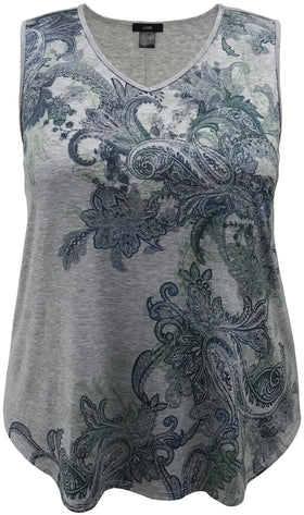Women's Teal Paisley V-Neck Printed Tank Top