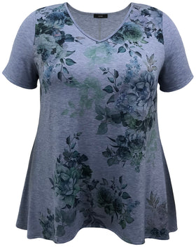 Teal Floral High-Low V-Neck Short Sleeve Print Top